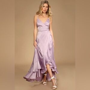 NWT Lulu’s In Love Forever Lavender Satin Lace-Up High-Low Maxi Dress